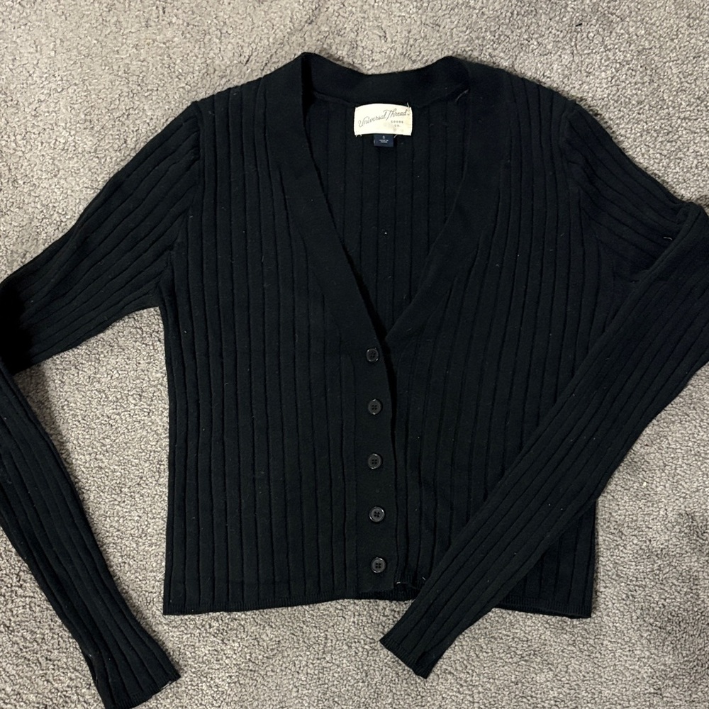 Black Ribbed V-Neck Button Cardigan Sweater - universal thread